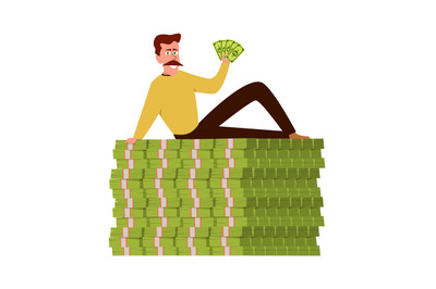 Rich guy. Happy wealthy businessman sitting on stack of money, vector