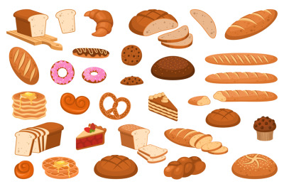 Cartoon bread. Various sweet breads and slices of bake roll, bakery pr