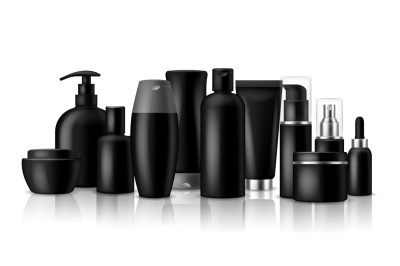 Cosmetic products. Black blank containers and jar for luxury spray or