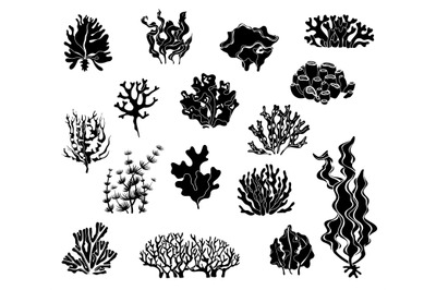 Seaweed silhouettes. Black icons of coral elements and underwater wild