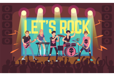 Musicians on concert. Rock band and pop musicians, sound equipment and