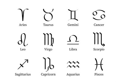 Zodiac signs. Twelve astrological stylized constellations, symbols ast