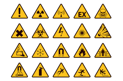 Warning signs. Yellow triangle alerts symbols, attention chemical, fla