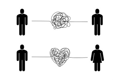 Complicated relationship. Love couple problem, tangled messy scribble