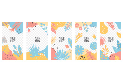 Stories. Social networks posts floral cover design, frame with tropica