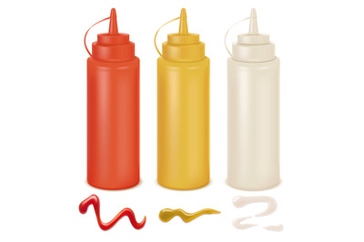 Sauce set. White&2C; red and yellow bottles. Mayonnaise&2C; mustard and ketc