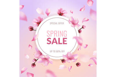 Sakura sale. Spring discount, pink cherry blossom flowers and flying p