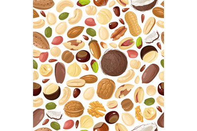 Nuts seamless pattern. Pecan and almond, macadamia and pistachios, pea