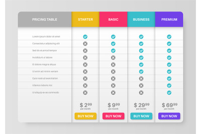 Pricing tab. Comparison pricing list, services cost table. Menu planni