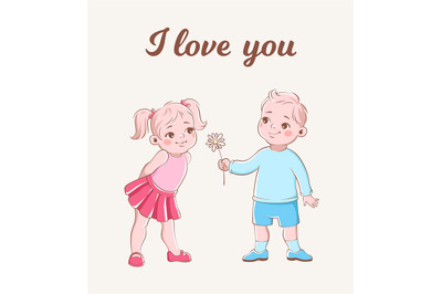 Girl and boy romantic card. Cartoon cute kids with flowers in love on