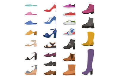 Shoes and boots. Various types footwear, mens, womens and childrens tr