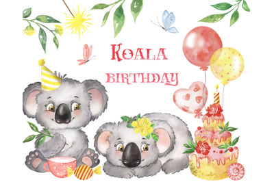 Koala. Watercolor clipart with koalas. Birthday clipart, cake, balloon