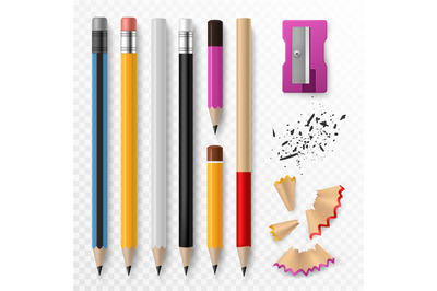 Pencil mockup. Realistic colored wooden graphite pencils with shavings