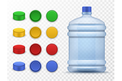 Plastic bottles and caps. Pack for drink, containers storage liquid, b