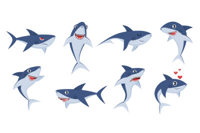 Cartoon sharks. Comic shark animals&2C; cute character emotions&2C; scary ja