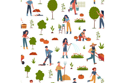 People gardening. Seamless pattern with farmers collecting seasonal ri