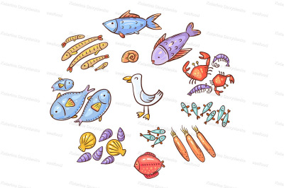 Set of cartoon seafood or ocean animals