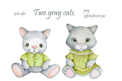 Two gray cats in green. Watercolor.