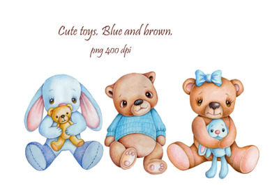 Cute Toys. Blue and Brown. Watercolor illustrations.