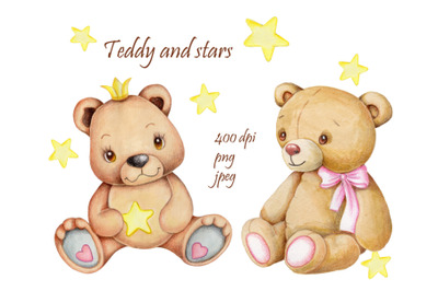 Teddy and stars. Watercolor illustration.