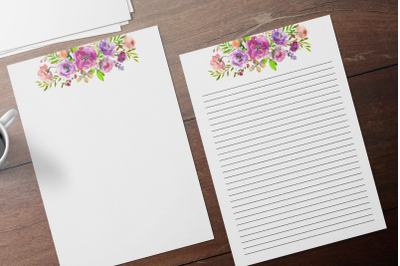 Watercolor Floral Printable Stationery, Lined Digital Note Paper