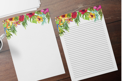 Tropical Floral Printable Stationery, Lined Digital Note Paper