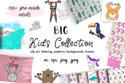 BIG Kids Collection. Clip Art, Patterns, Lettering, Backgrounds&amp;Frames