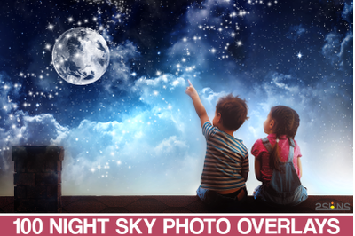 100 NIGHT Sky overlays, Sky Photoshop overlays, Realistic Sky