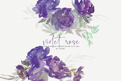 Watercolor Purple Rose Clipart Set