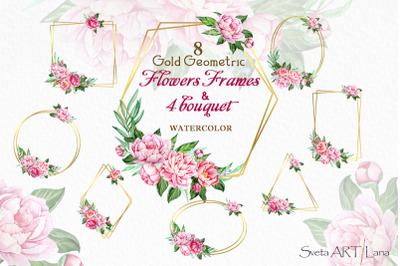 Gold Geometric Frames Watercolor Peony Flowers Clipart