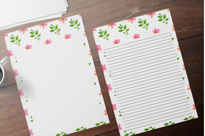 Spring Watercolor Floral Stationary, Flowers Digital Lined Paper