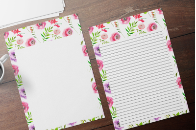 Spring Watercolor Floral Stationary, Flowers Digital Lined Paper