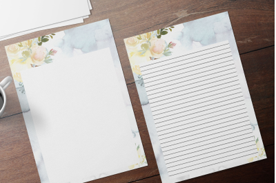 Romantic Watercolor Floral Stationary, Flowers Digital Lined Paper