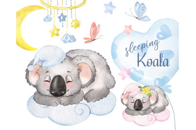 Watercolor Koala clipart. Baby shower decor. Koala sleeping on a cloud