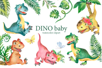Watercolor Dinosaur Clipart. Dino baby clipart. Multi-colored dinosaur