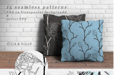 Decorative Black Hand Sketched Rustic Floral Patterns. Herbs, plants.