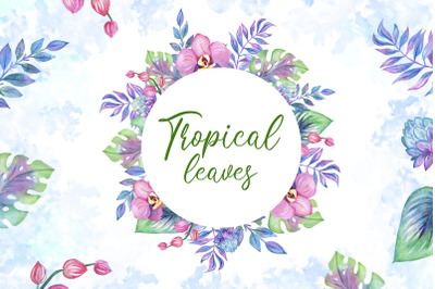 Tropical leaves clipart, orchids clipart, tropics, greens
