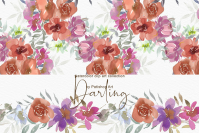 Purple &amp; Orange Watercolor Floral Clipart Set