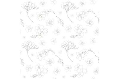 Beautiful freesia flowers pen ink seamless pattern