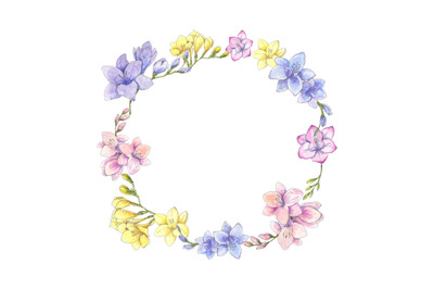 Freesia blossom wreath, circle frame hand drawn with watercolor