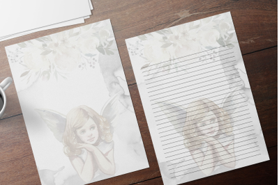 Romantic Angel Watercolor Stationary, Flowers Digital Lined Paper