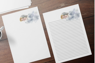 Romantic Angel Watercolor Stationary, Flowers Digital Lined Paper