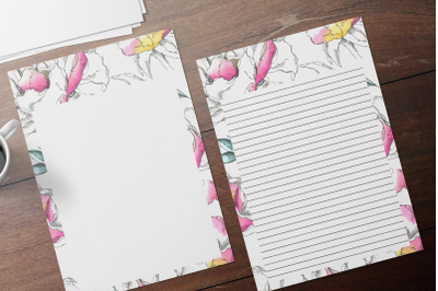 Colorful Watercolor Floral Stationery, Lined Digital Note Paper