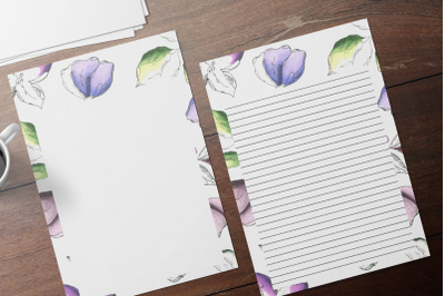 Watercolor Floral Stationery, Lined Digital Note Paper