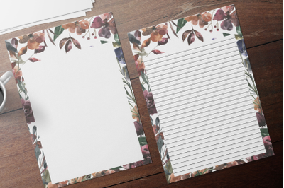 Autumn Watercolor Floral Stationery, Lined Digital Note Paper