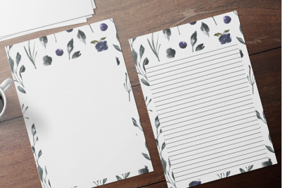 Watercolor Floral Stationery, Lined Digital Note Paper