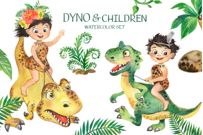 Cute dinosaurs watercolor clipart for children,  T-Rex