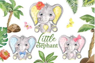 Watercolor clipart elephant. Cute baby elephant with plants and flower