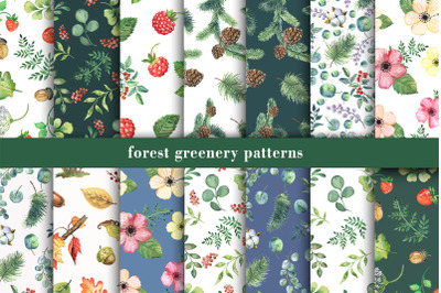 Forest greenery patterns. Watercolor seamless patterns