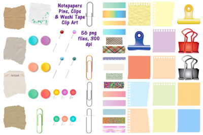 Notepapers, Pins, Paper Clips, Washi Tape Etc. Clip Art